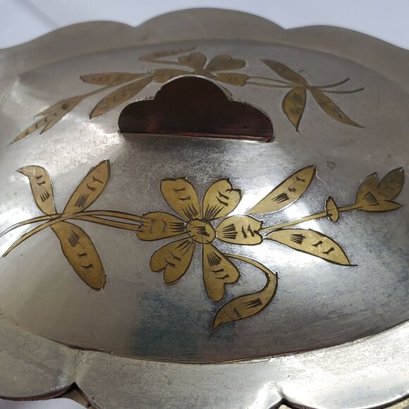 Vintage Silver Tone Brass Inlay Jewelry Trinket Box Floral Design Made in India - Picture 4 of 16
